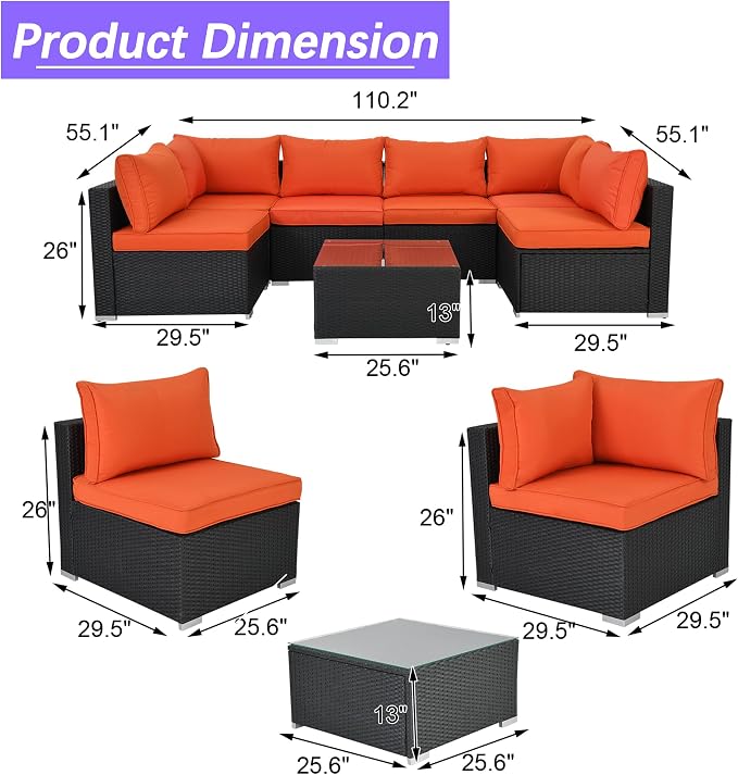 7 Piece Outdoor Patio Furniture Sets, Outdoor Wicker Conversatin Set w Glass - Image 6