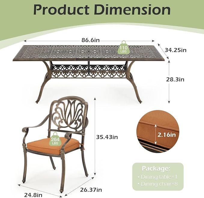 Cast Aluminum Patio Furniture Set 9-Piece Outdoor Dining Set Includes 86.6’’ - Image 2
