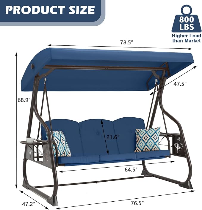 3-Seat Patio Porch Swing 800LBS Outdoor Swing - Image 7