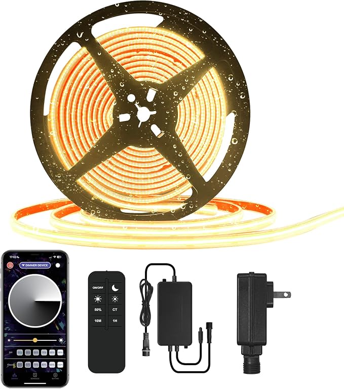50ft COB Outdoor LED Strip IP67 Waterproof, 3000K Warm Whit DC24V Flexible LED by BUNACET