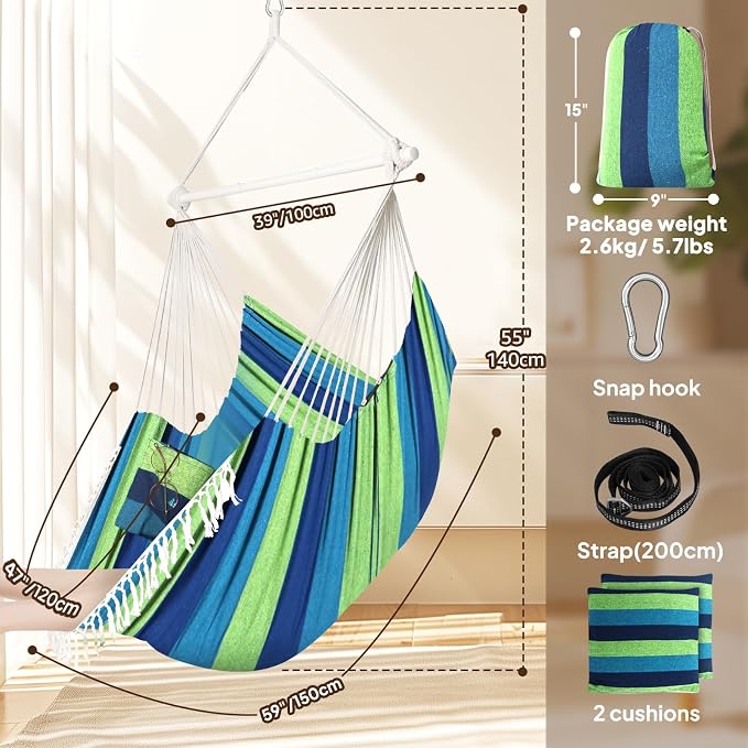 Chihee Hammock Chair 4.9ft x 3.9ft Max 500 Lbs Widen Hanging Swing 2 Cushions - Image 4