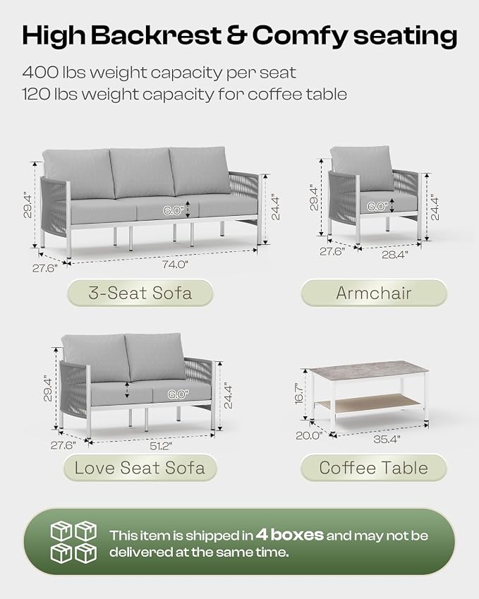 Aluminum Outdoor Patio Couch Loveseat, HDPE Rope Patio Sofa - Image 2