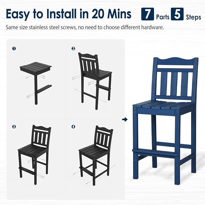 nalone Outdoor Bar Stool, HDPE Tall Adirondack Chair Bar Chair, Weather - Image 7