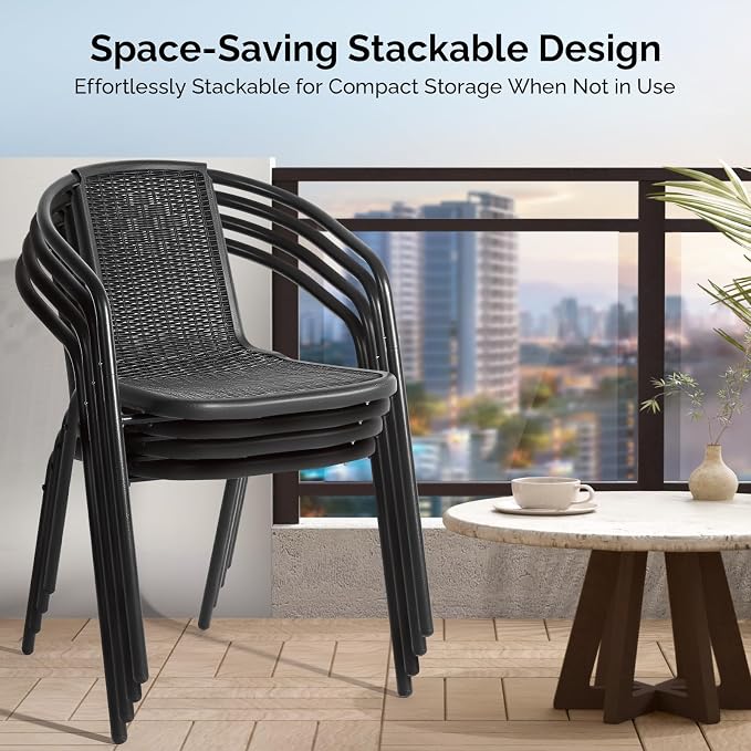 VINGLI PE Rattan Outdoor Dining Chairs Set of 4, Plastic Stackable Patio Chairs - Image 4