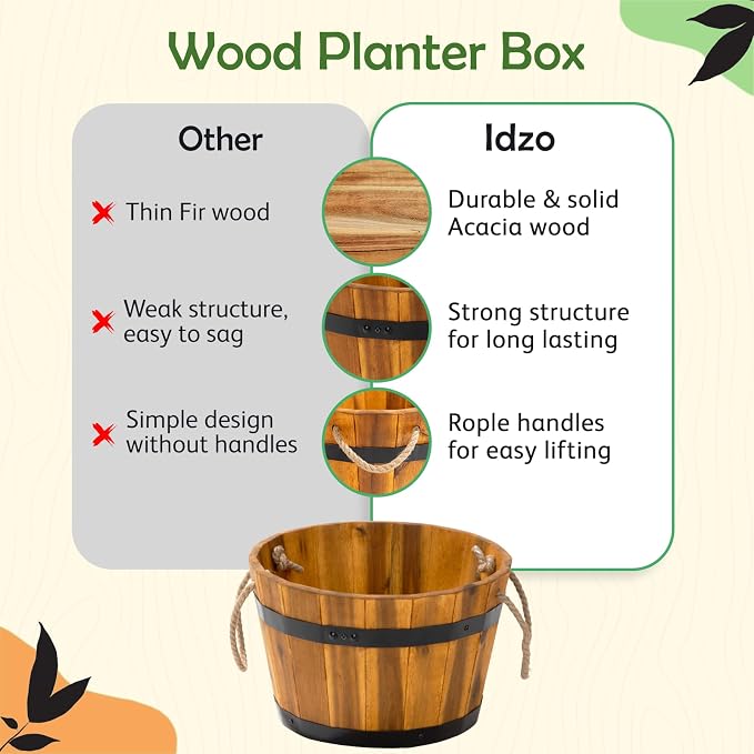 Set of 3 Wooden Flower Boxes Outdoor, Durable Acacia Wood Barrel Planters - Image 5