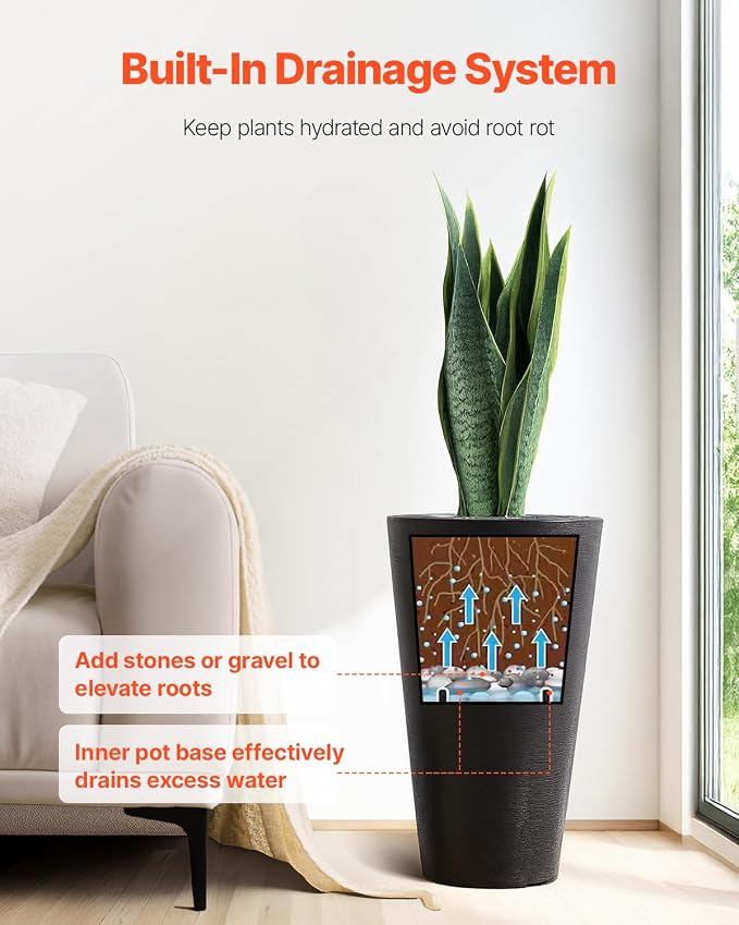 VEVOR Set of 2 Tall Planter for Outdoor Indoor Plants 24inch, Tall Taper Flower - Image 4