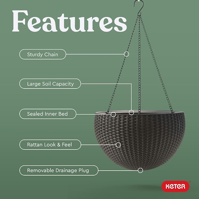 Keter Resin Rattan Set of 2 Round Hanging Planter Baskets - Image 5
