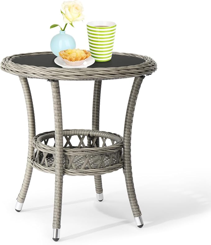 VINGLI Outdoor Wicker Side Table, Patio Side Tables by VINGLI
