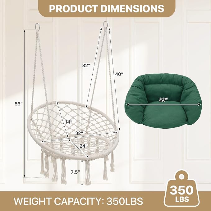 Monibloom Hanging Hammock Chair w/Dark Green Cushion, Porch Macrame Swing Chair - Image 2