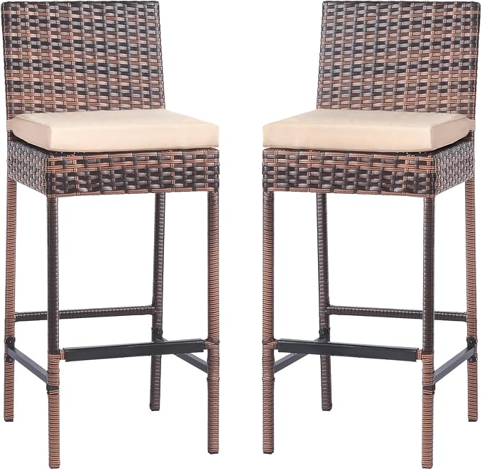 VINGLI Outdoor Wicker Bar Stool Set of 2, Patio Bar Stools w/Cushion, Bar by VINGLI