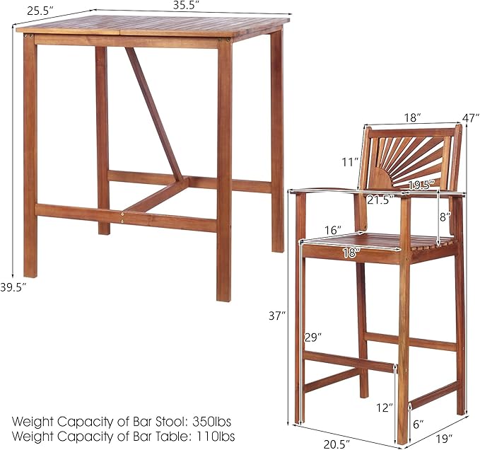 COSTWAY 3PCS Bar Table Set, Outdoor Acacia Wood Dining Set, Spacious Tabletop - Image 8