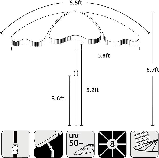 AMMSUN Boho Fringe Umbrella Outdoor Patio, 6.5ft UPF50+ Picnic Umbrella - Image 6