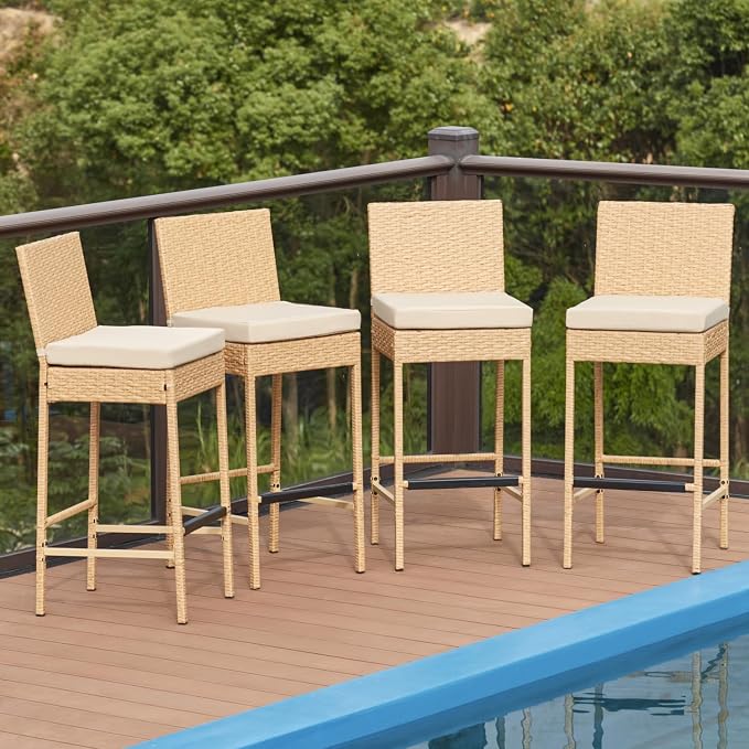 ECOTOUGE Rattan Bar Stools Set of 4, Wicker Woven Patio Stools & Patio Bar - Image 6