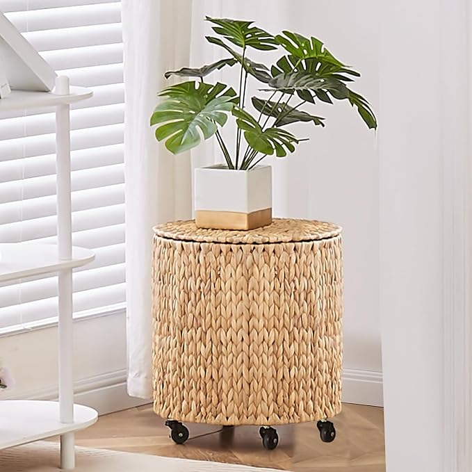 Wimarsbon Round Pouf Ottomans, Handwoven Natural Water Hyacinth Seagrass Pouffe - Image 2