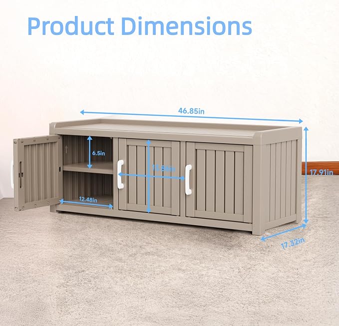 3 Doors Shoe Bench, Waterproof & UV-Resistant, Resin Shoe Cabinet Indoor & - Image 3
