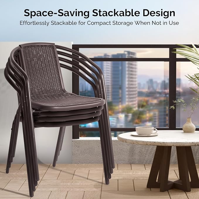 VINGLI PE Rattan Outdoor Dining Chairs Set of 4, Plastic Stackable Patio Chairs - Image 4