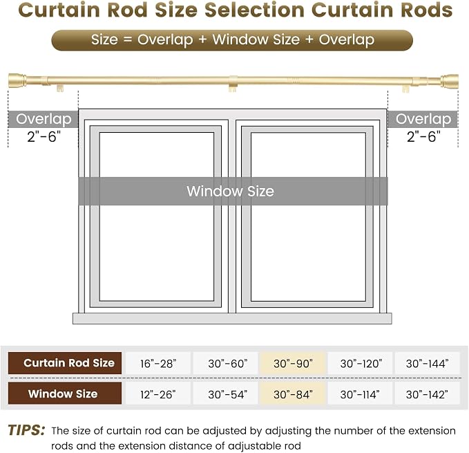 1” Diameter Gold Curtain Rods Itself is 30 to 90 inch, 1 Pack Fit 30-84 inch - Image 3