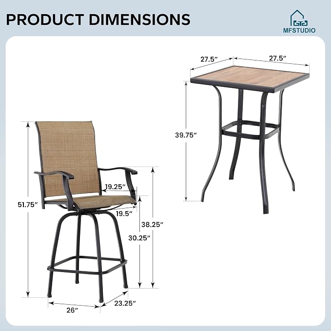 MFSTUDIO 3 Piece Outdoor Swivel Bar Set, Outdoor Bar Table and Chairs Set - Image 7