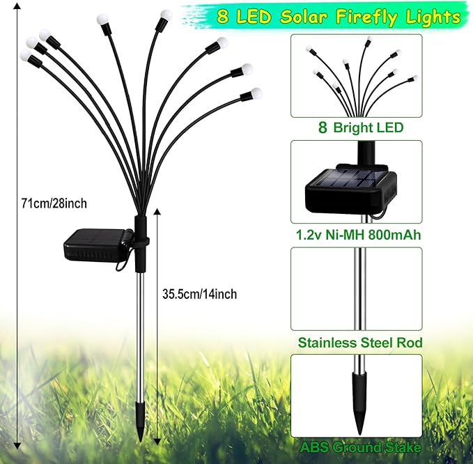 Kohlrabi Solar Garden Lights Outdoor, 10 Pack 80 LED Warm White Firefly Lights - Image 2