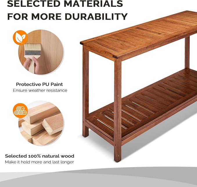 VINGLI 49in Solid Wood Outdoor Console Table, 2-Shelf Wooden Outdoor Accent - Image 5
