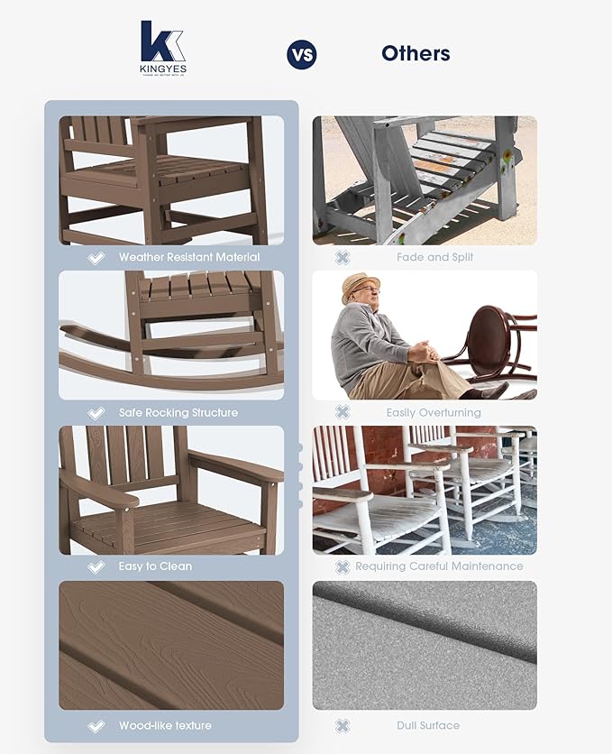 KINGYES HDPE Outdoor Rocking Chair, Widened Seat Patio Rocking Chair, Oversized - Image 6