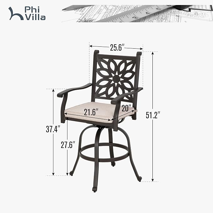 PHI VILLA Outdoor Swivel Bar Stools Set of 2, Cast Aluminum High Top Pub Height - Image 8
