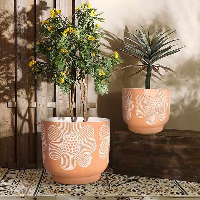 YBX 8 Inch + 6 Inch White Flower Pattern Plant Pots, Sand Glazed Ceramic Planter - Image 3