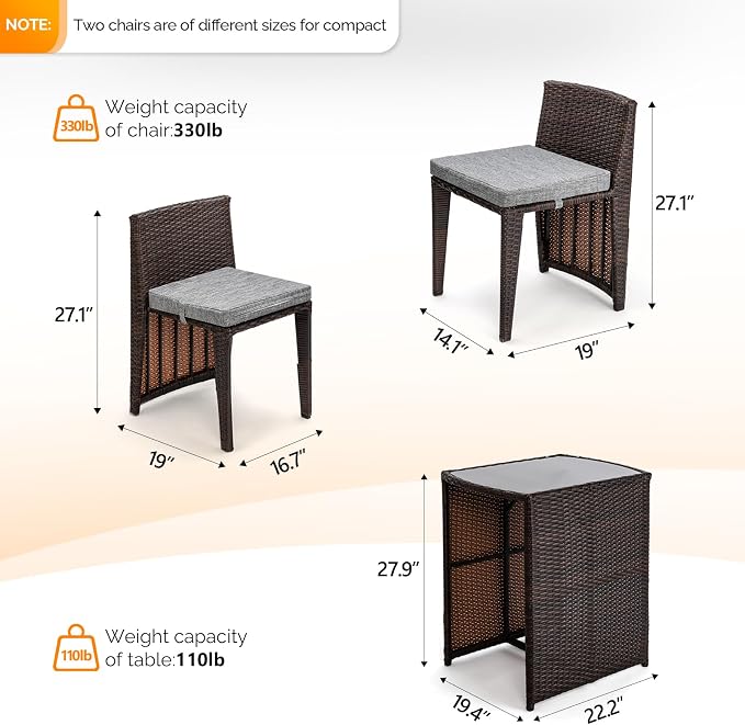 Bonnlo 3 PCS Wicker Outdoor Patio Bistro Set, Patio Furniture Set - Image 3