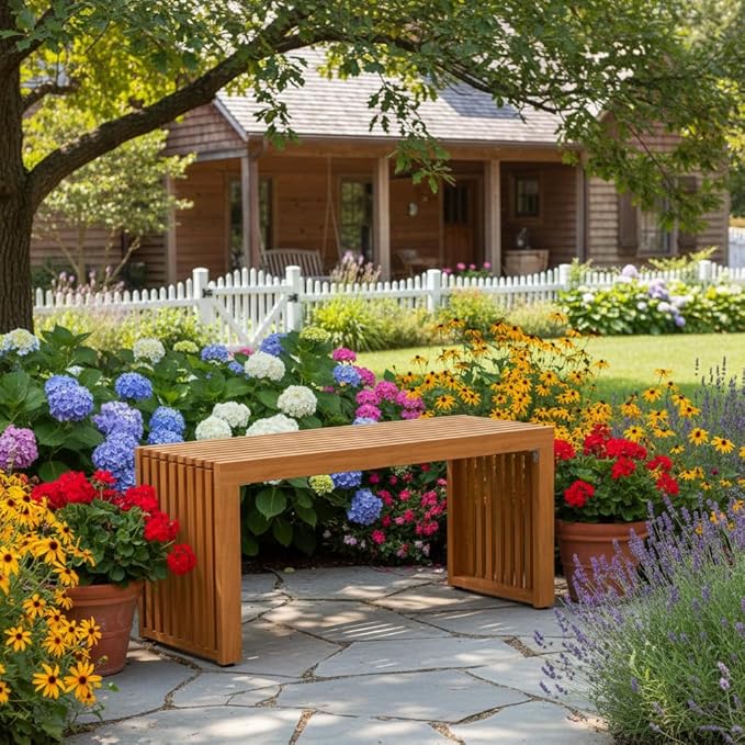 Tangkula Patio Acacia Wood Bench, 36” Outdoor All-Slat Wood Bench - Image 4