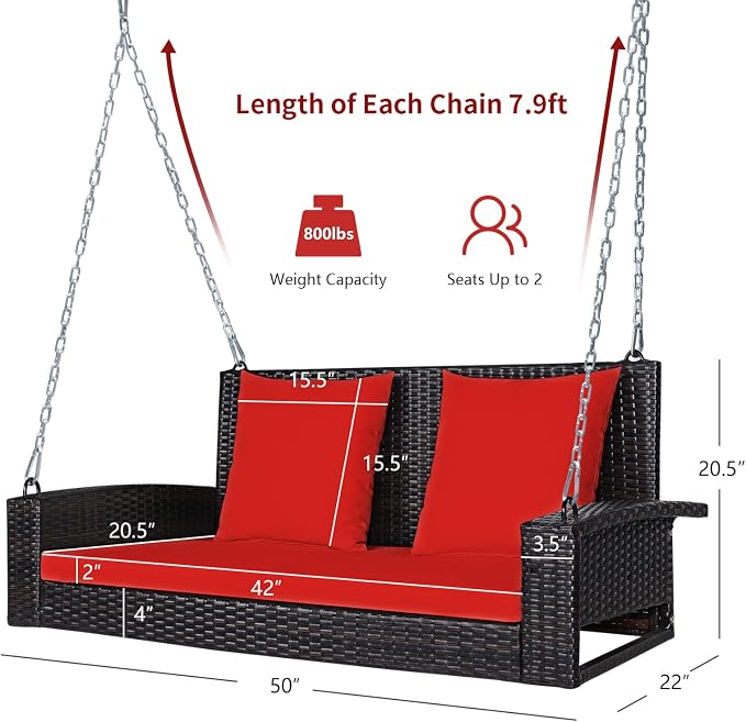 RELAX4LIFE Porch Swing 2-Seat Patio Rattan, Wicker Porch Swings Outdoor W/Two - Image 8
