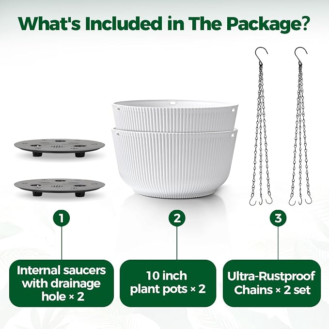 T4U 10 Inch Hanging Planters for Indoor Plants, 2 Pack White Self Watering - Image 6