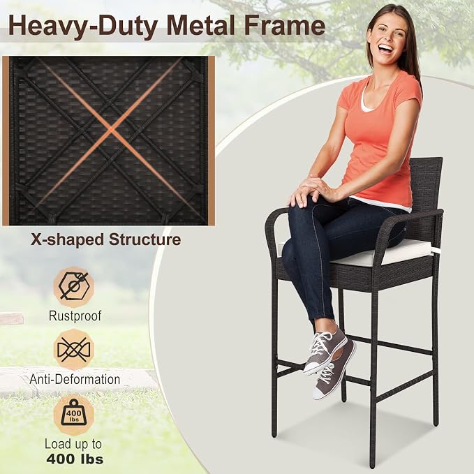COSTWAY Wicker Bar Stools Set of 4, Patio Bar Height Chairs - Image 6
