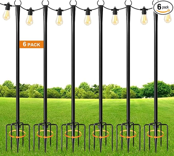6 Pack 9FT String Light Poles for Outdoor, Metal Lights Hanging Pole Outside by Unknown