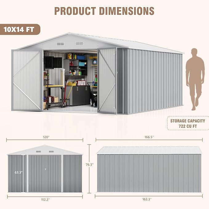 Greesum 10×14 FT Outdoor Storage Shed, Metal Storaged Sheds Without Floor - Image 2