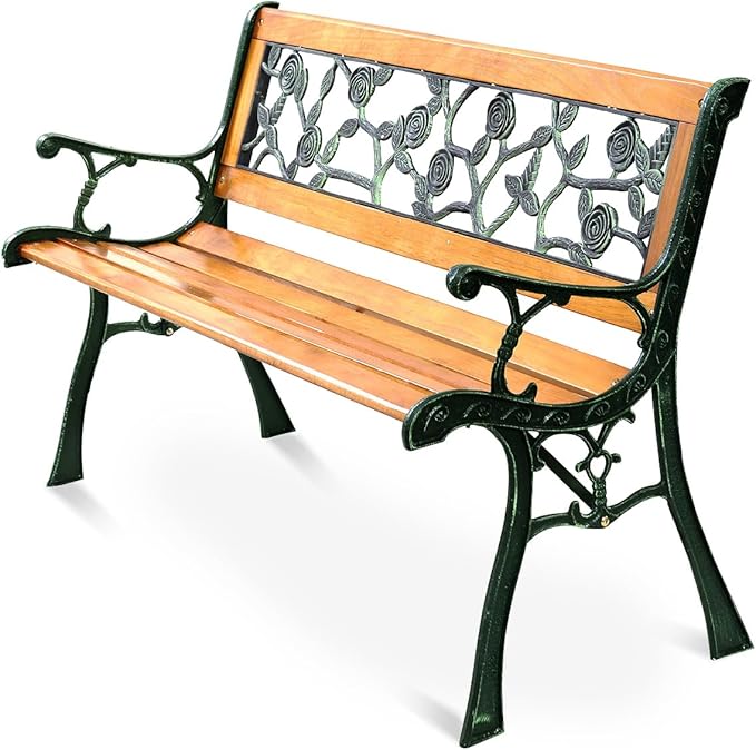 Giantex 50'' Patio Park Garden Bench, Outdoor Furniture Rose Cast Iron Hardwood by Giantex