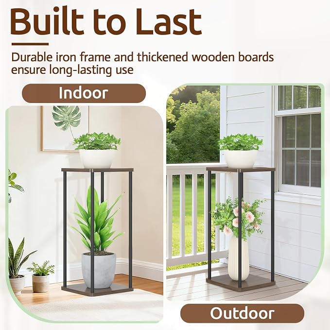 2 Tier Plant Stand Indoor, 28In Tall Corner Vertical Wood Metal Square Shelf - Image 6