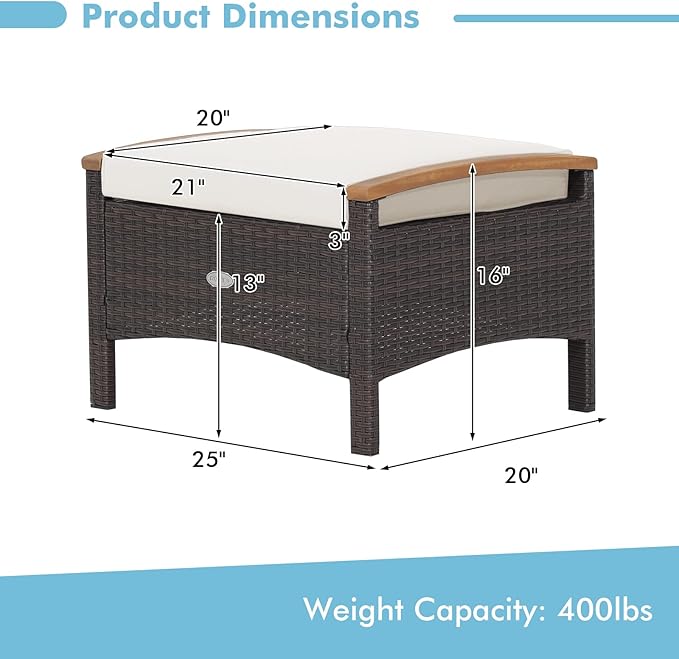 Tangkula 2 Piece Patio Rattan Ottomans, Outdoor Wicker Footstool w/Acacia Wood - Image 4