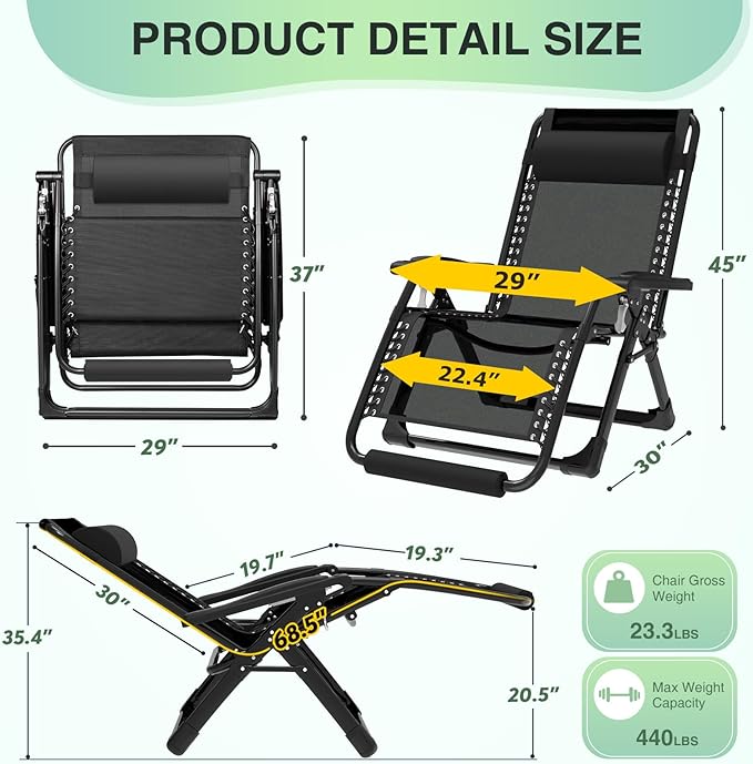 Suteck Oversized Zero Gravity Chair, 29In XL Lounge Chair w/Removable - Image 2