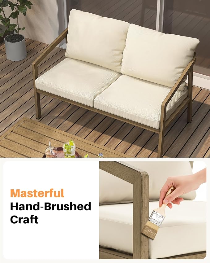 Teak Outdoor Patio Loveseat, Never-Rust Aluminum Outdoor Loveseat Couch - Image 7