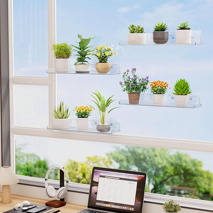 Lifewit Window Plant Floating Shelves 14.6x3.6, 2 Pack Acrylic Suction Cup Shelf - Image 2