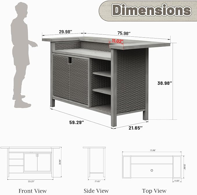 Outdoor Bar Table with Storage, Aluminum & PE Wicker Patio Bar Tables, Outdoor - Image 3