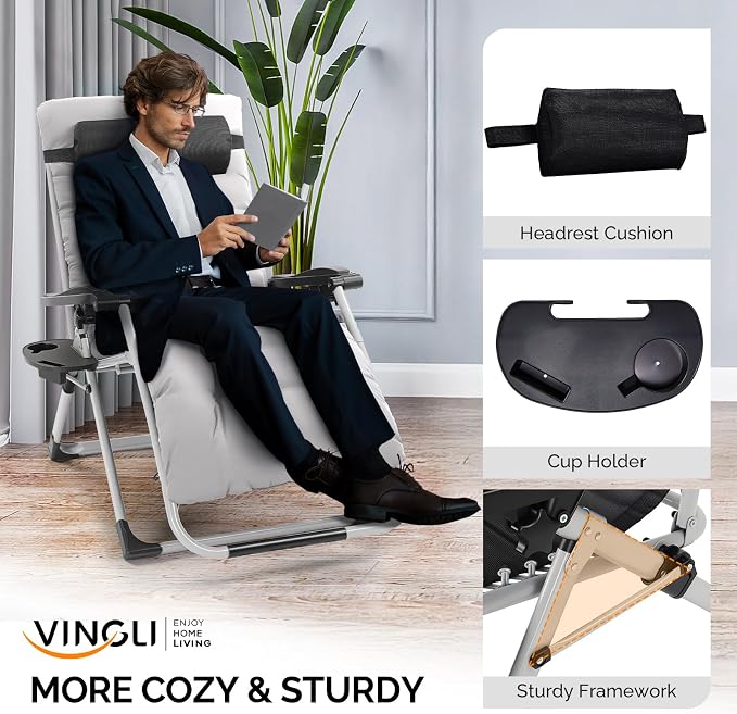 VINGLI 29" Padded Zero Gravity Chair, Lounge Chair - Image 4
