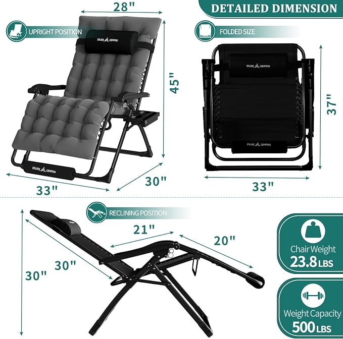 UDPATIO Oversized Zero Gravity Chair, 33In XXL Patio Reclining Chair - Image 3