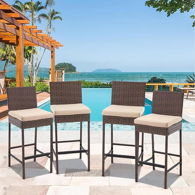 ECOTOUGE Outdoor Bar Stools, Wicker Woven Patio Stools & Patio Bar Chairs - Image 2