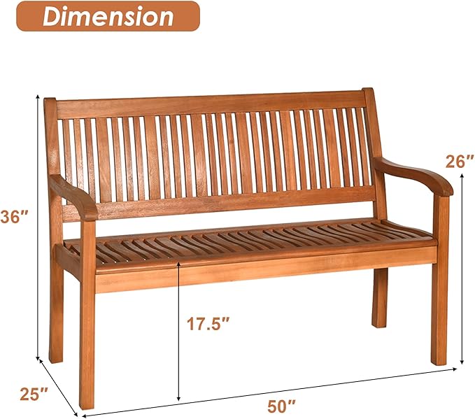 COSTWAY Wooden Bench Outdoor, Curved Armrest & Backrest, Sturdy Outdoor Wood - Image 3