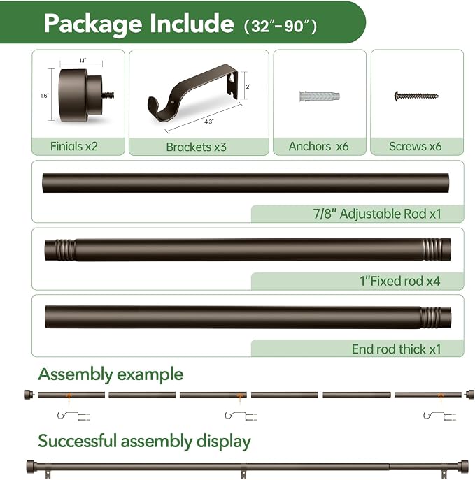 Curtain Rods for Windows 48 to 84, 1 Inch Adjustable Heavy Duty Long Window - Image 6