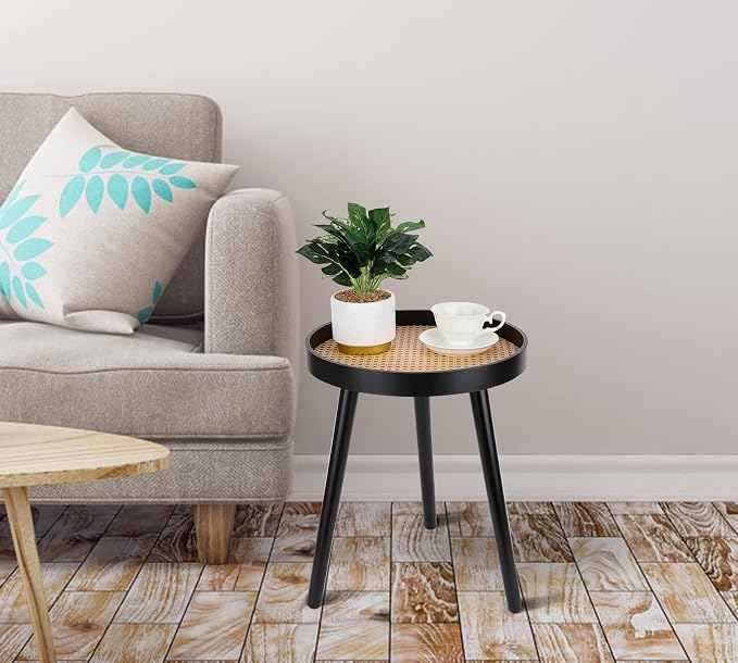 Rattan Round Side Table, Accent Table, Modern Boho Bedside Table, Mid-Century - Image 6