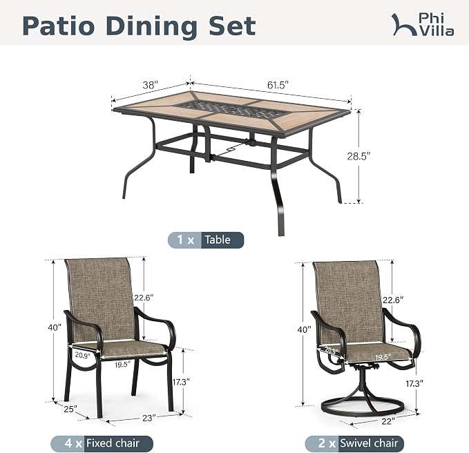 PHI VILLA 7 Piece Outdoor Table and Chairs Set, 2 Swivel & 4 Fixed Patio Chairs - Image 9