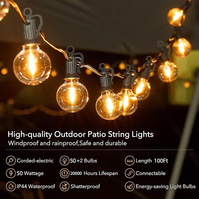Brightown Outdoor String Lights, 100FT 50+2 G40 Bulbs Shatterproof Patio Lights - Image 3