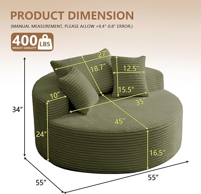 Oversized Round Chair Lounge Chaise Indoor, Upholstered Corduroy Deep Seat - Image 2